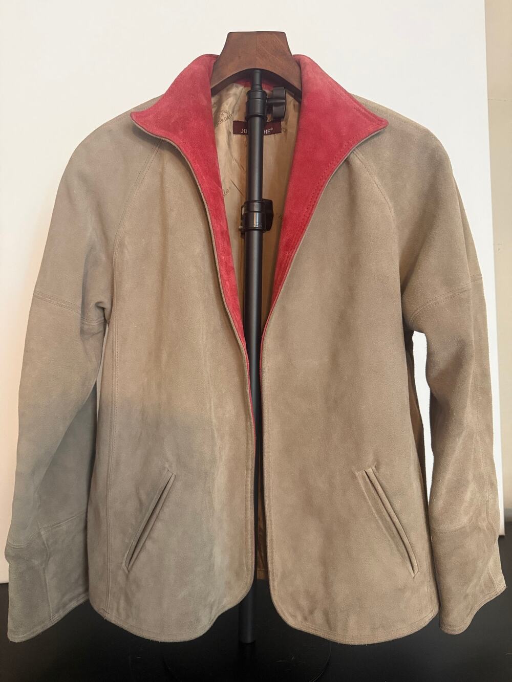 Vintage Jordache Camel Suede Leather Vintage Bomber Jacket Red Collar